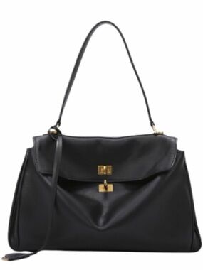 Structured Black Leather Shoulder Bag with Gold Hardware